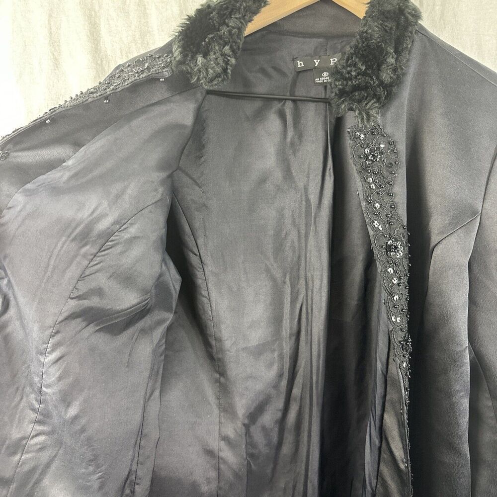 Hype Vintage Faux Fur Sequin Trim Black Silk Goth Evening Long Jacket Womens 8 - Picture 10 of 15
